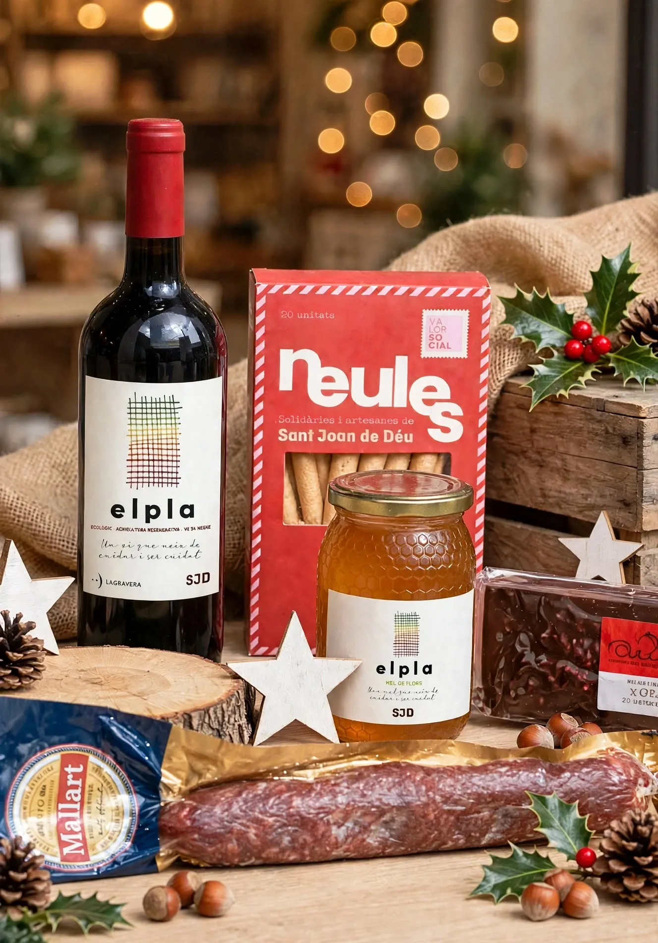 Lot de Nadal del CET El Pla: ampolla de vi El Pla, neules solidàries de Sant Joan de Déu i pot de mel